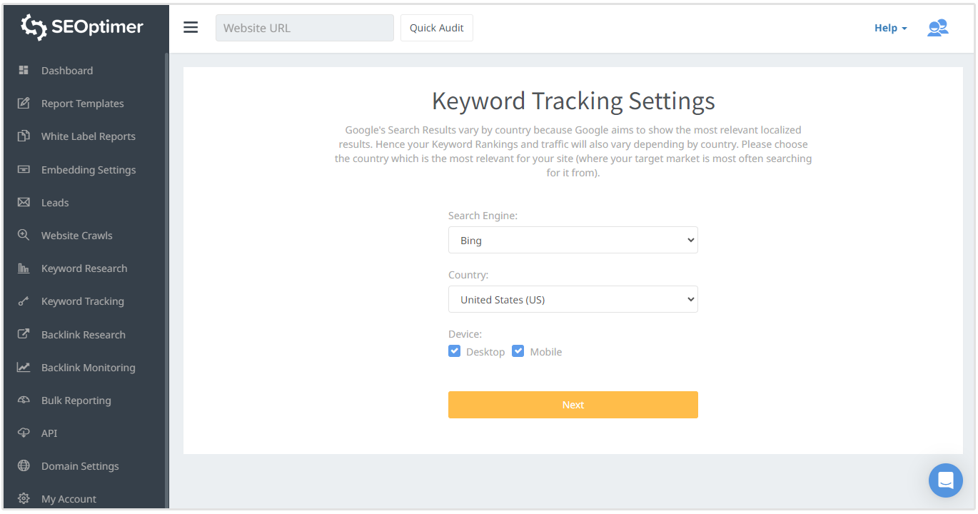 bing rank tracking setup